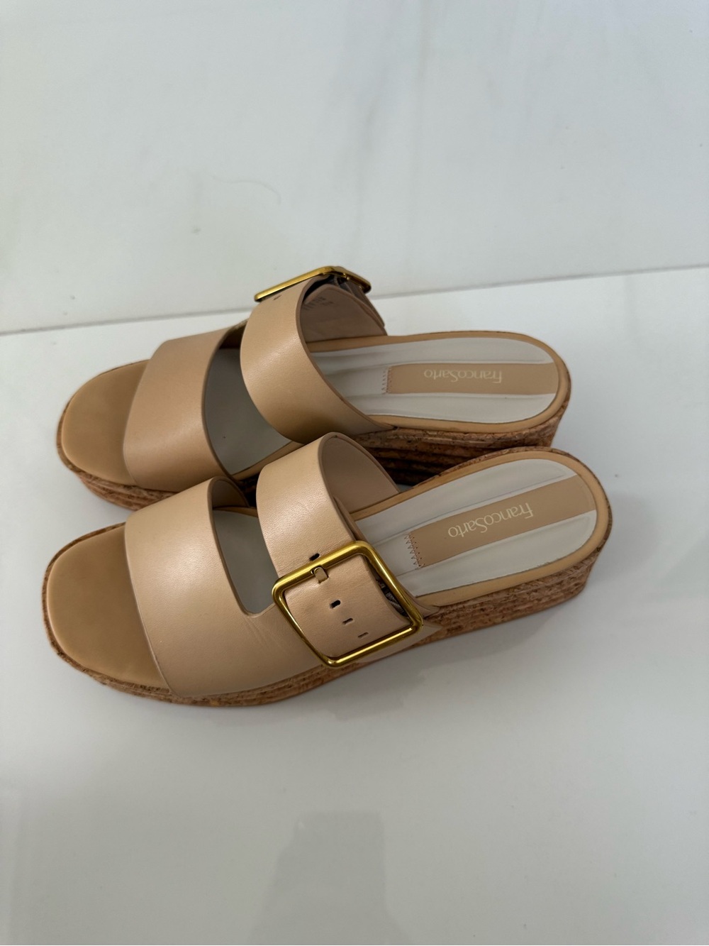 Franco Sarto Neutral Tan Slide Sandals with Gold Buckle
